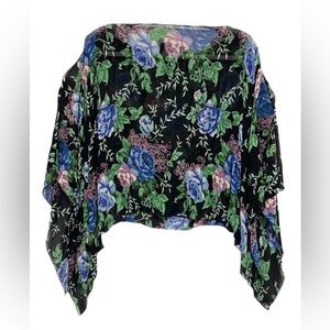 Angie Vintage Black Floral Blue Green Accents Rayon Scarf Wrap Kimono